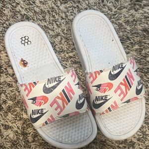 Nike White and Pink Logo Sandals